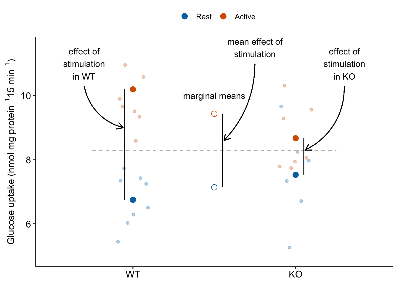 The main effect of stimulation in the ANOVA table tests the average of the conditional effects of stimulation. The average of the conditional effects is the difference between the marginal means of Active and of Rest.